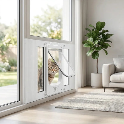 Chatière pour fenêtre aluminium blanc, volet ouvert avec chat visible dans l’ouverture