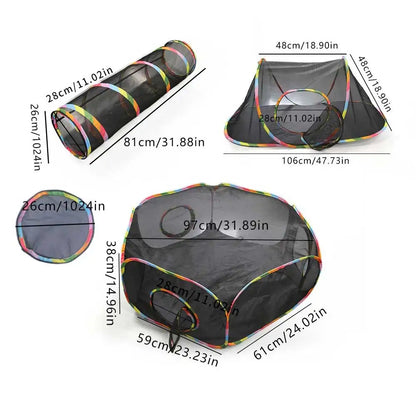 Tunnel pour chat pliable noir avec deux entrées rondes et arches rayées multicolores