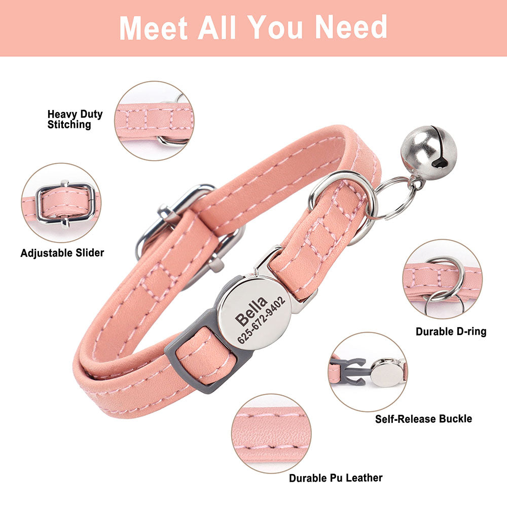 Collier pour chat en cuir PU rose avec anneau en D, boucle auto-libérante et clochette