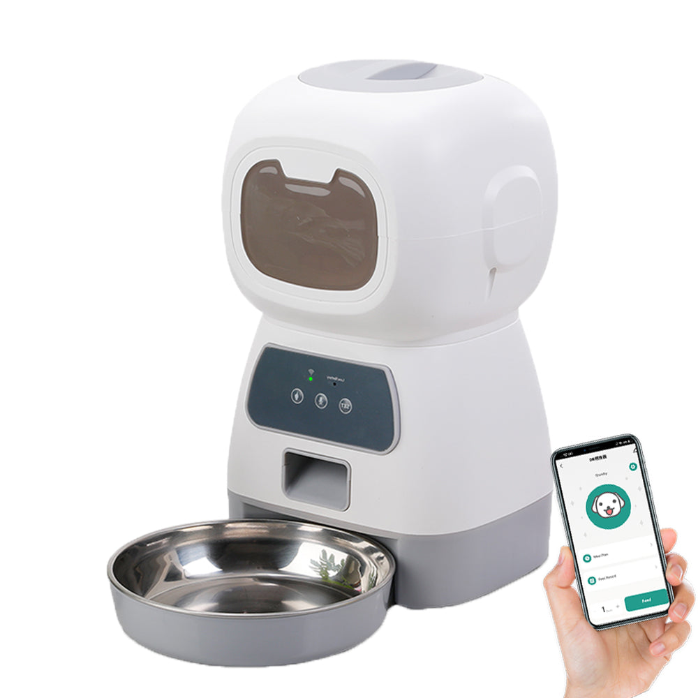 Distributeur de croquettes connecté blanc avec bol inox, commande sur smartphone