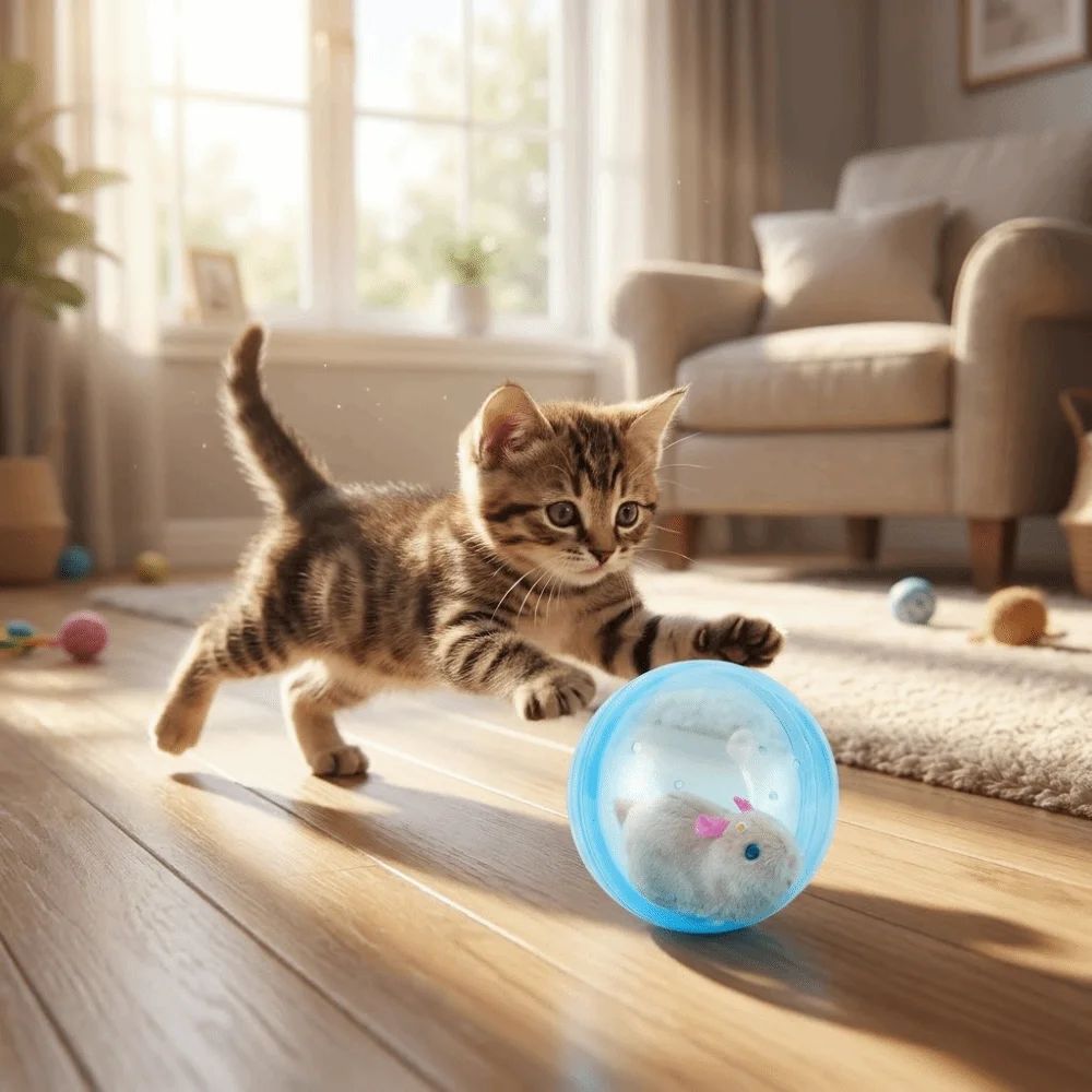 Balle roulante transparente bleue avec jouet à l’intérieur, pour chat