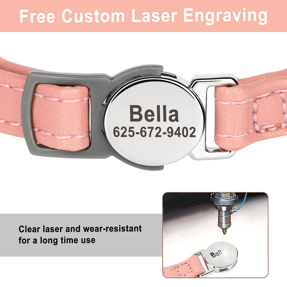 Collier pour chat en cuir PU rose avec plaque gravée “Bella” et boucles réglables