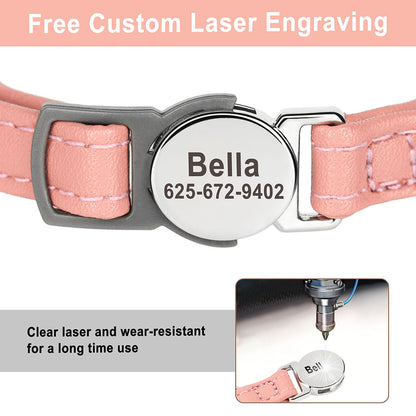 Collier pour chat en cuir PU rose avec plaque gravée “Bella” et boucles réglables