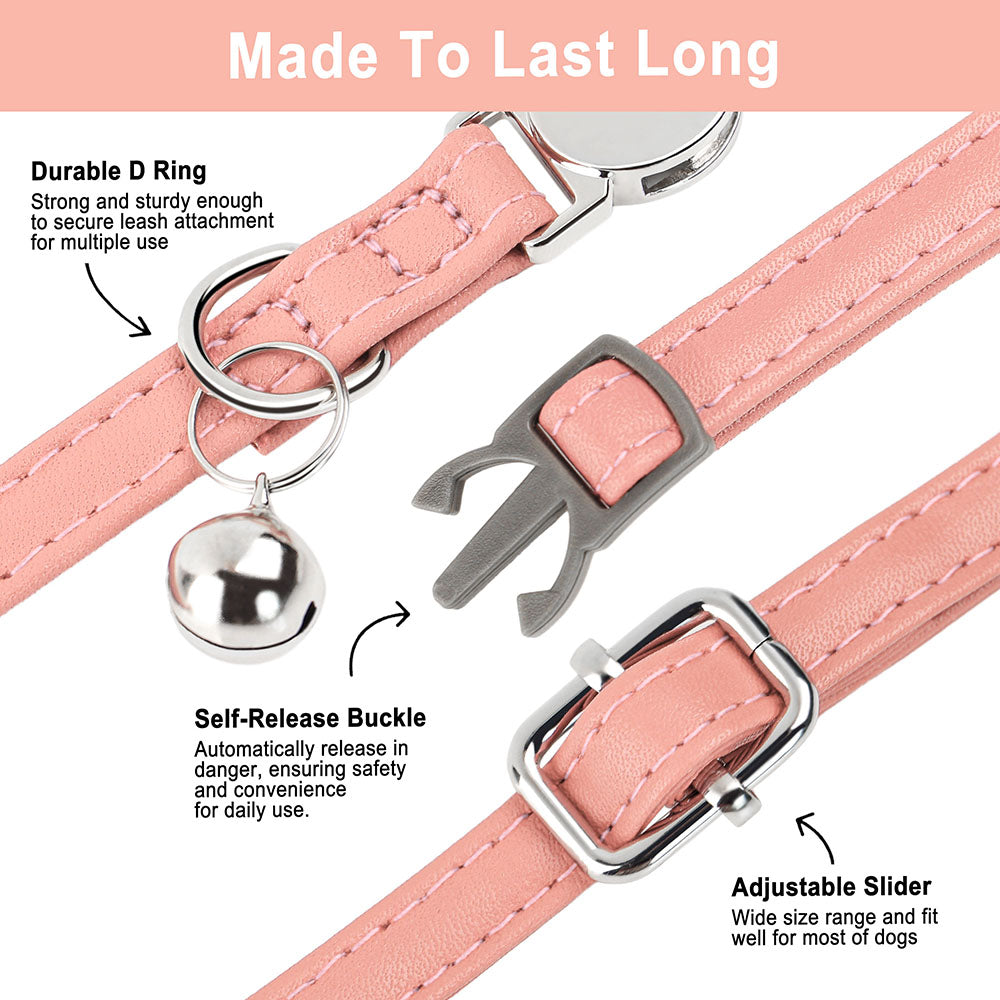 Collier pour chat en cuir PU rose avec clochette, anneau en D et boucle auto-libérante