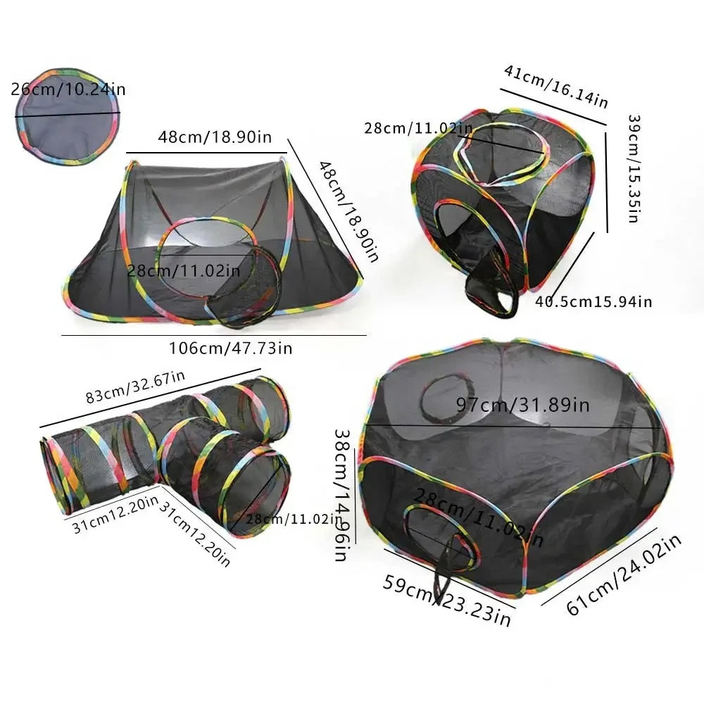 Tunnel pour chat pliable à entrées multiples, noir avec rayures multicolores et arches