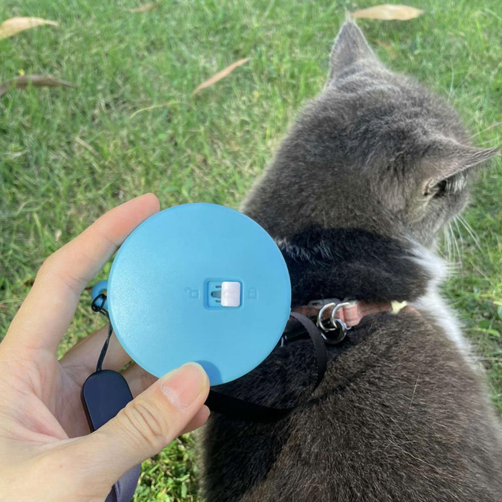 Enrouleur automatique pour laisse de chat bleu ciel, bouton central, chat à proximité