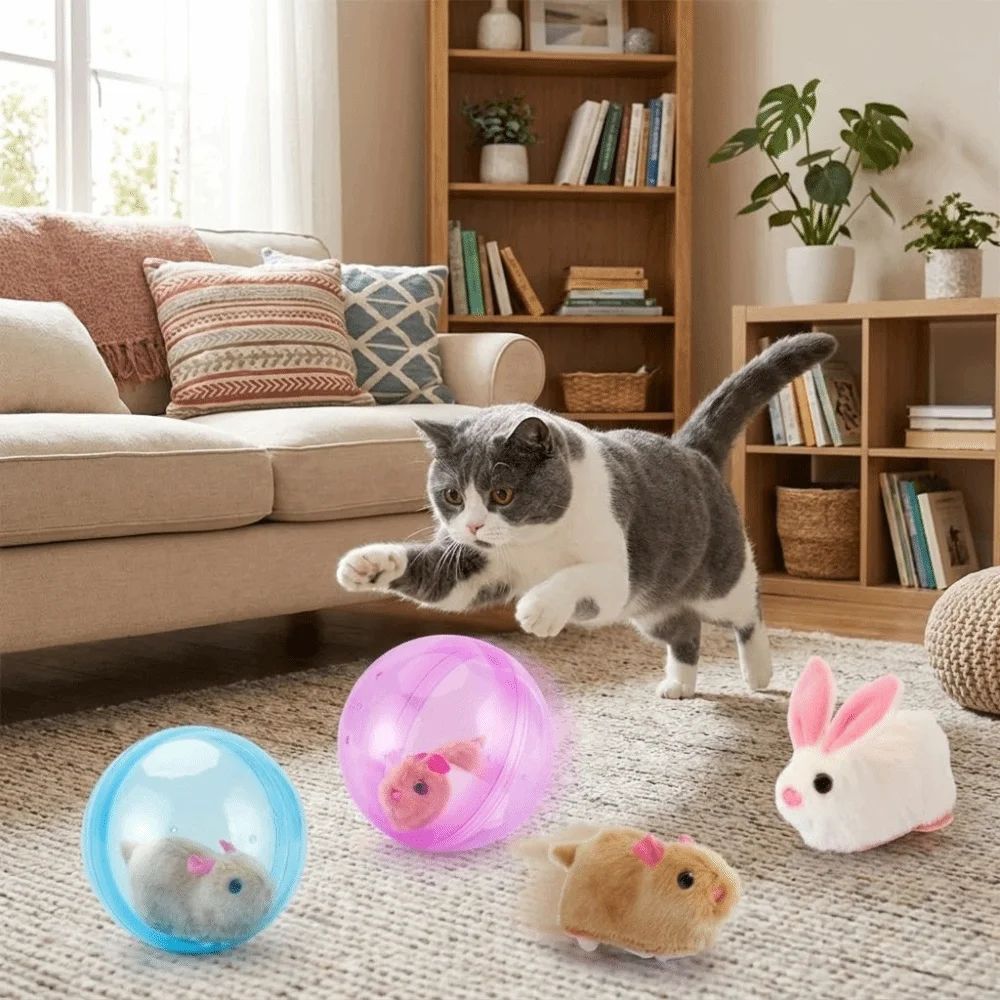 Balles roulantes transparentes bleue et violette avec peluches lapin et souris