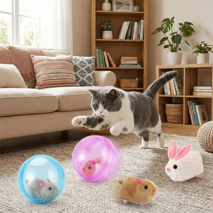 Balles roulantes transparentes bleue et violette avec peluches lapin et souris