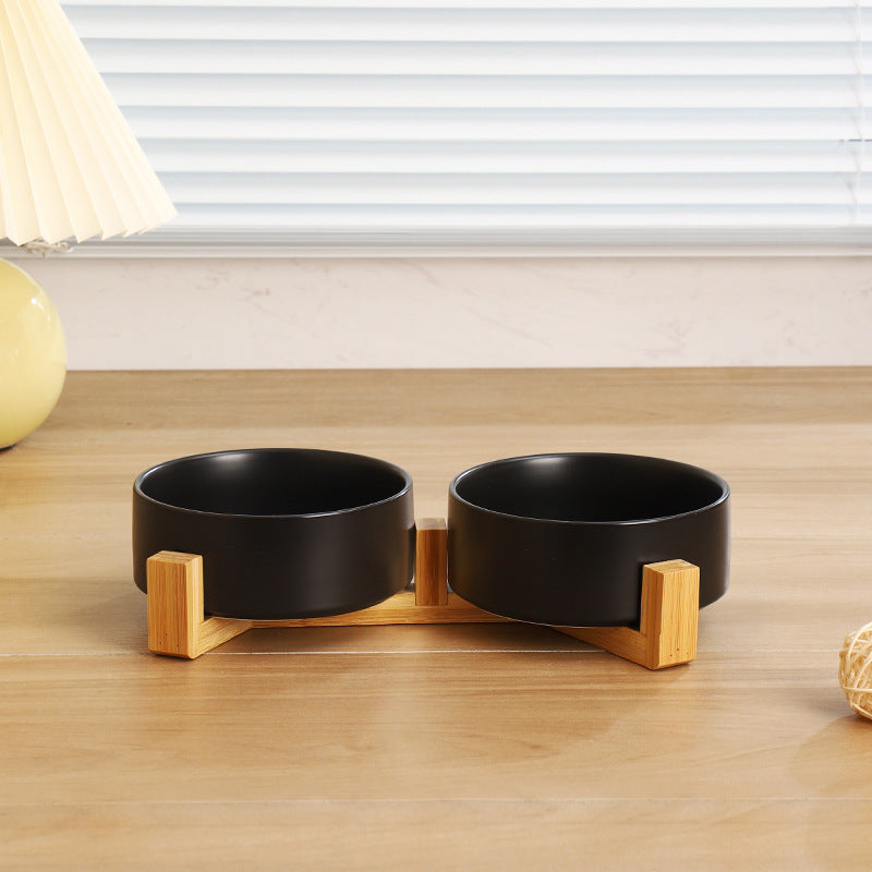 Gamelle surélevée double en céramique noire sur support bambou, deux bols adaptés au chat