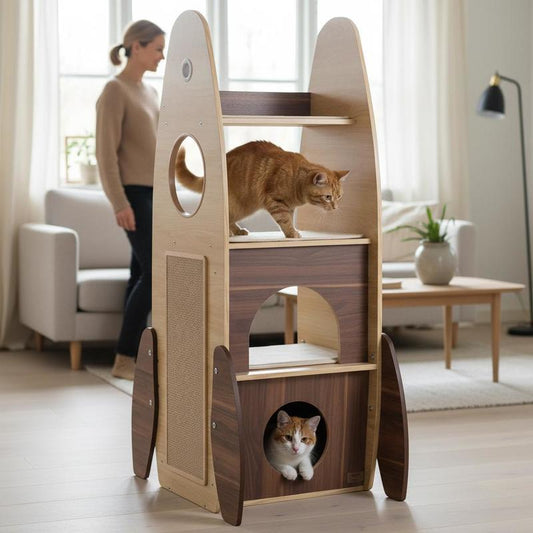 Arbre à chat en forme de fusée en bois, perchoirs et ouvertures circulaires, chat roux