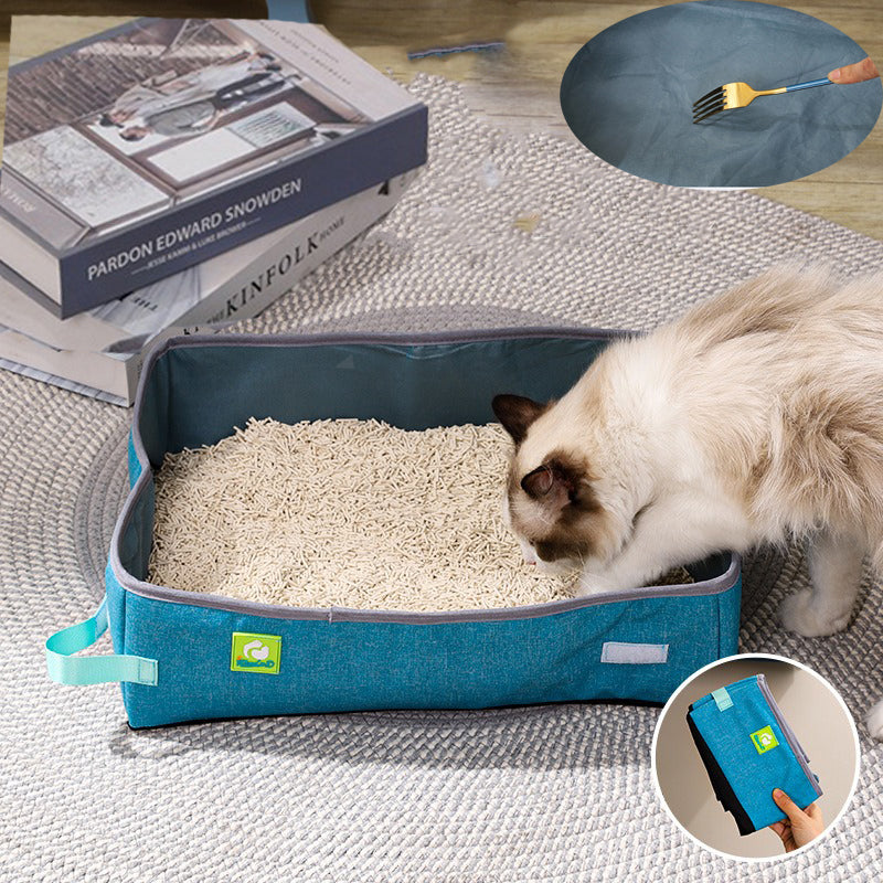Bac à litière pliable pour chat en tissu Oxford bleu, intérieur gris visible.