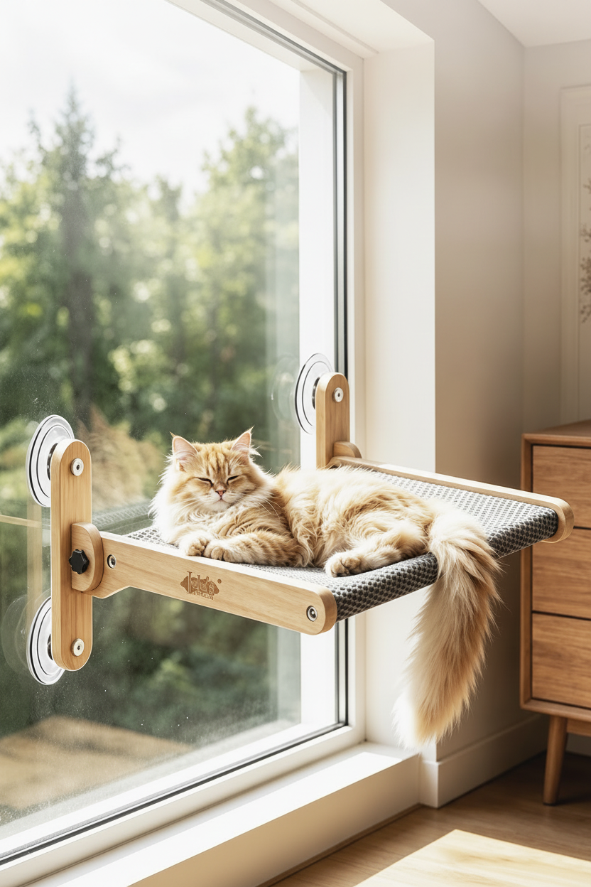 Chat persan allongé sur un hamac de fenêtre en bois fixé à la vitre avec ventouses

