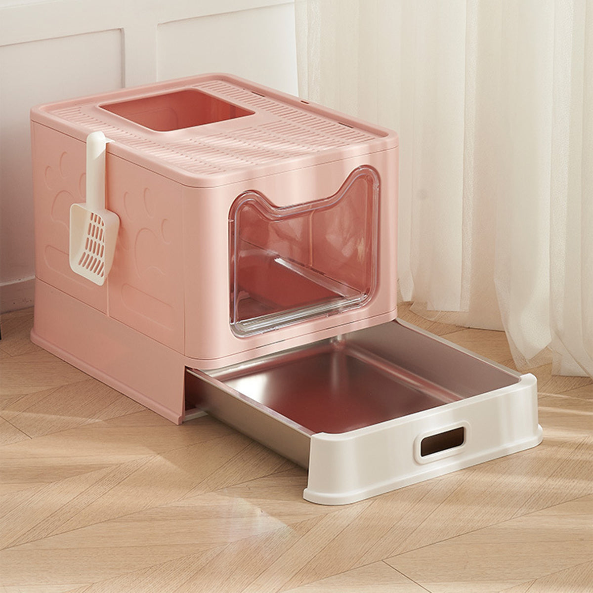 Bac à litière pour chat rose extra-large avec fenêtre et tiroir extensible