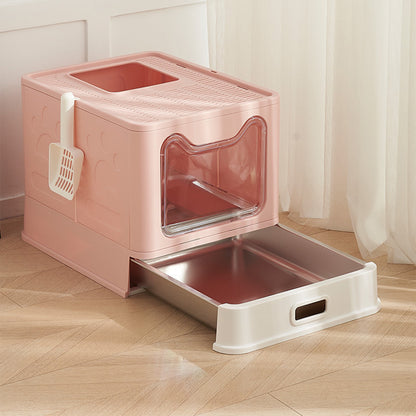 Bac à litière pour chat rose extra-large avec fenêtre et tiroir extensible