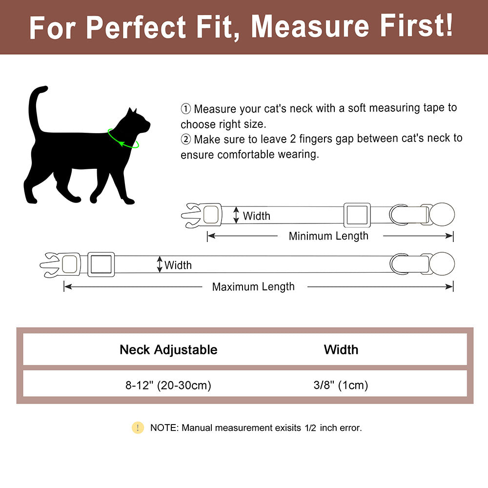 Schéma d’un collier pour chat réglable en cuir PU : largeur et longueur indiquées