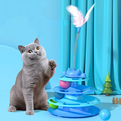 Circuit pour chat bleu à 4 niveaux, avec plumes et balles colorées