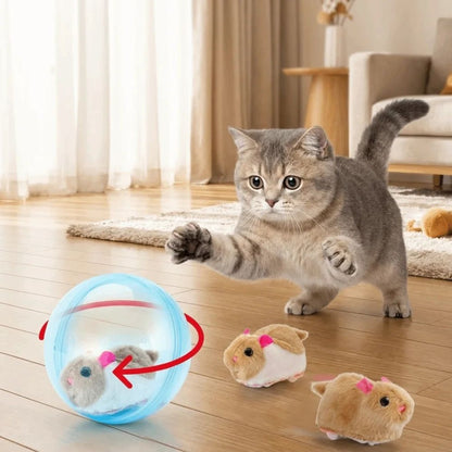 Balle roulante transparente bleue avec jouets en peluche pour chat