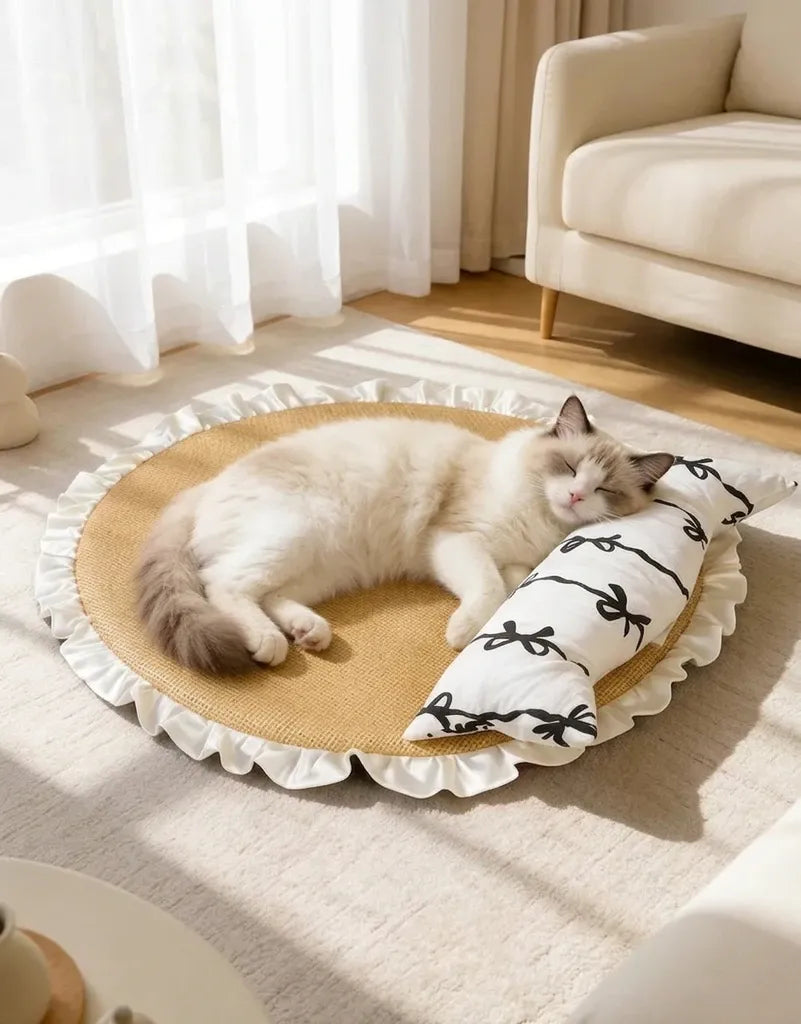 Coussin Rafraîchissant en Rotin pour Chat – Corbeille Naturelle avec Oreiller Amovible