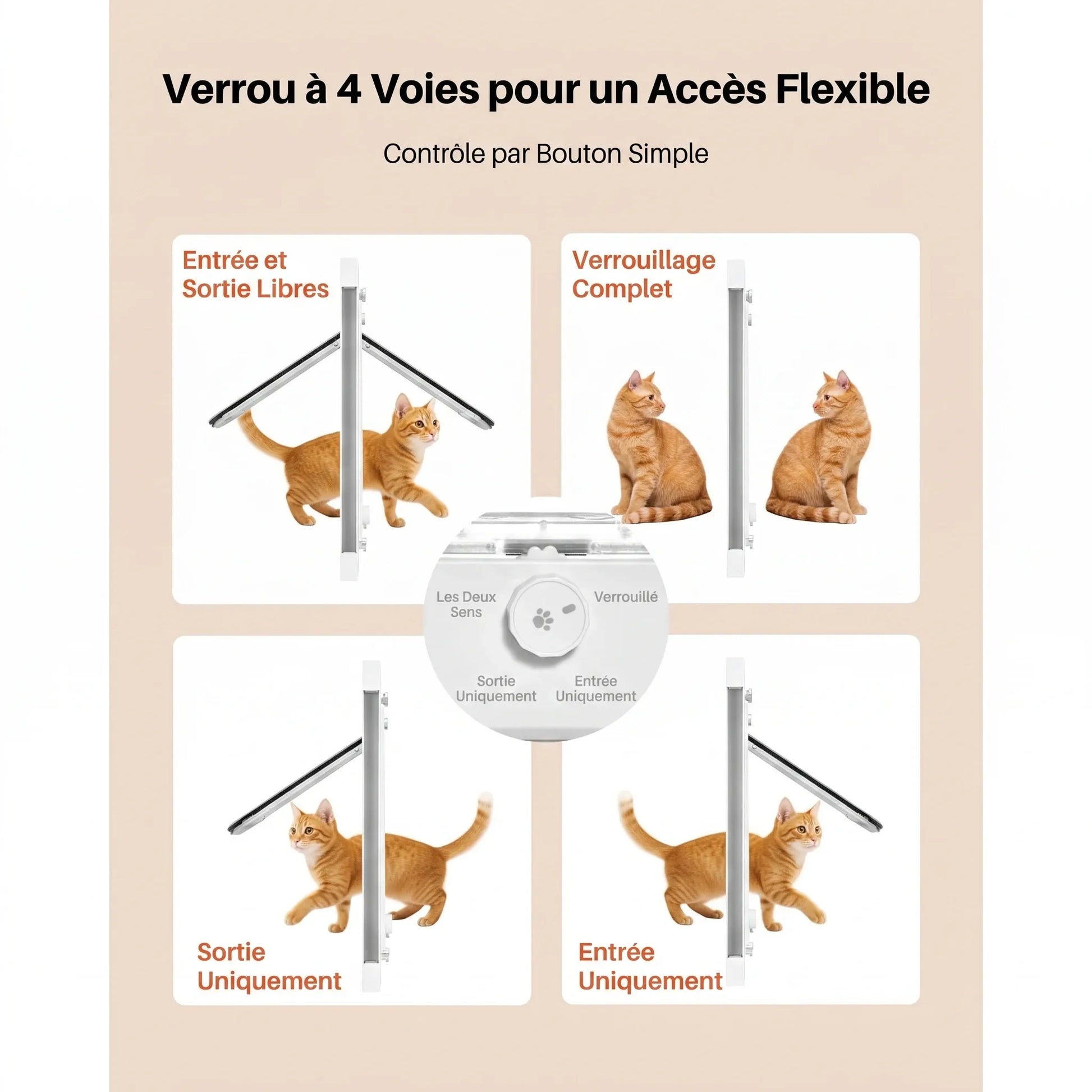 Chatière pour fenêtre aluminium avec 4 modes de verrouillage pour accès du chat