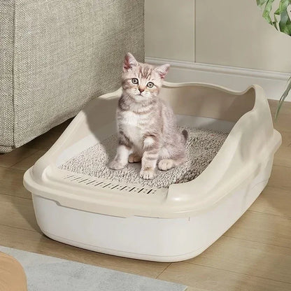 Bac à litière pour chat blanc, bords hauts et bac à trous de séparation
