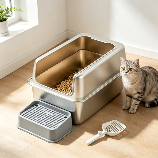 Bac à litière inox à entrée supérieure, parois hautes, avec chat et accessoires