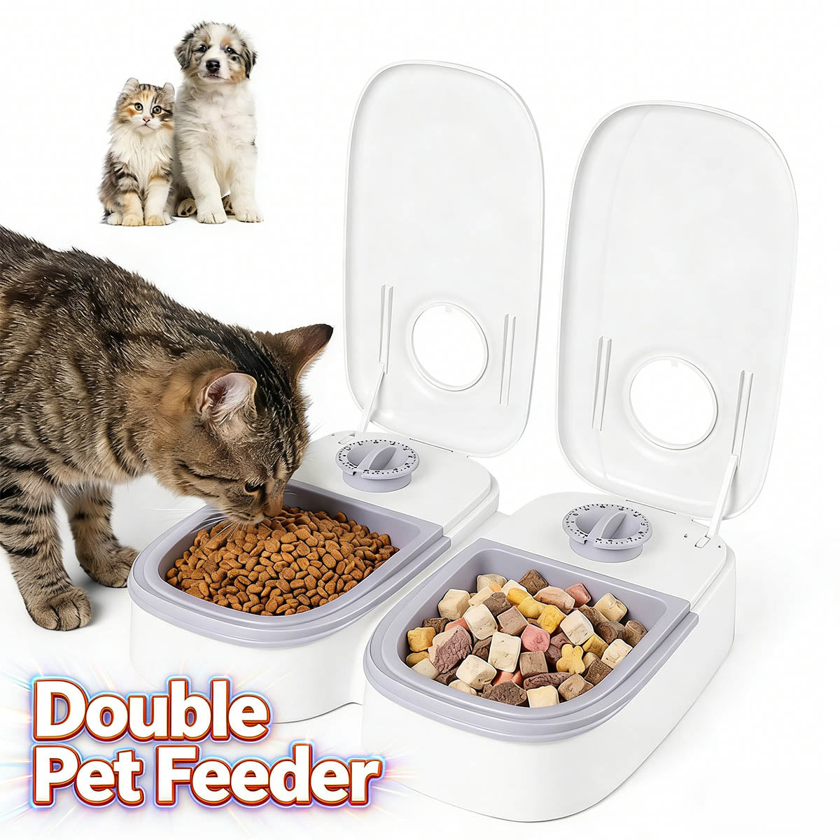 Distributeur double pour animaux, deux compartiments alimentaires avec couvercles