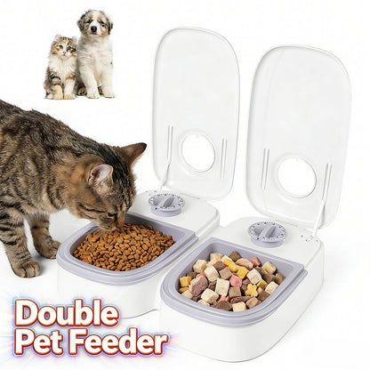 Distributeur double pour animaux, deux compartiments alimentaires avec couvercles