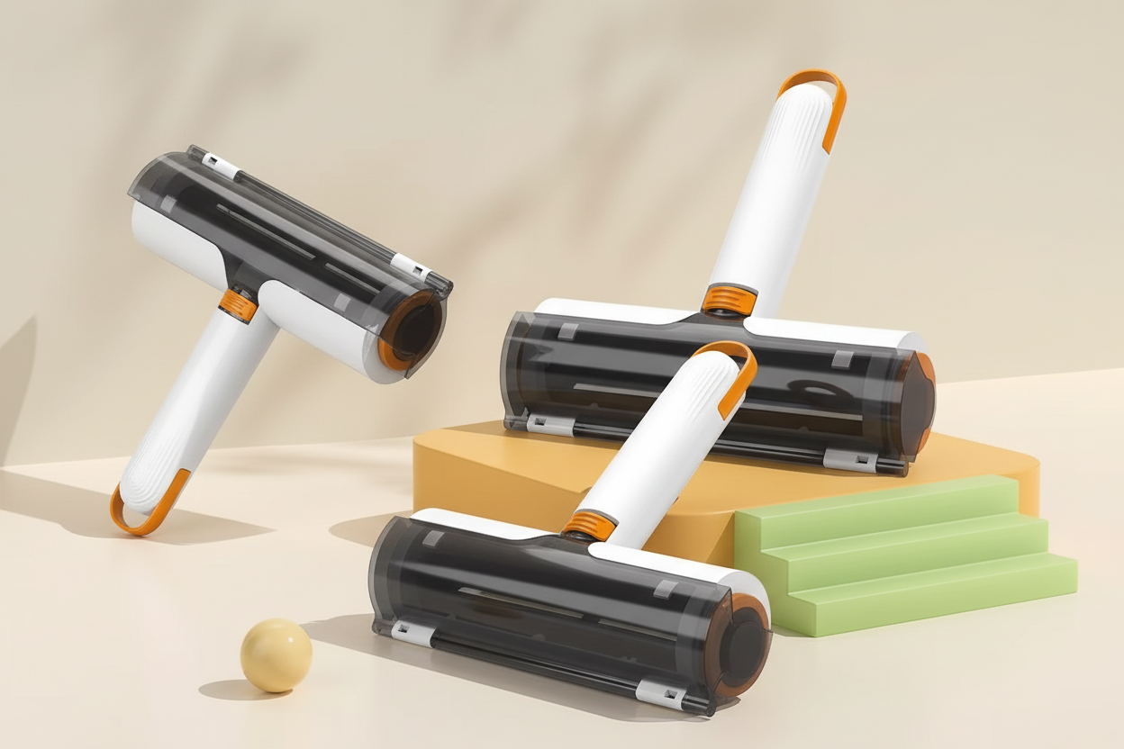Rouleau ramasse-poils réutilisable – blanc avec bac noir transparent et détails orange, vue multiple
