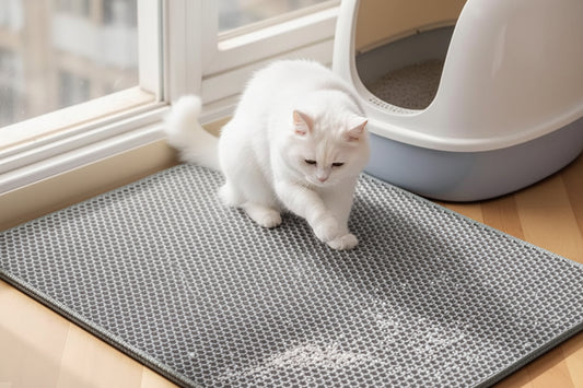 Tapis de litière EVA gris à picots, chat blanc posé sur la surface