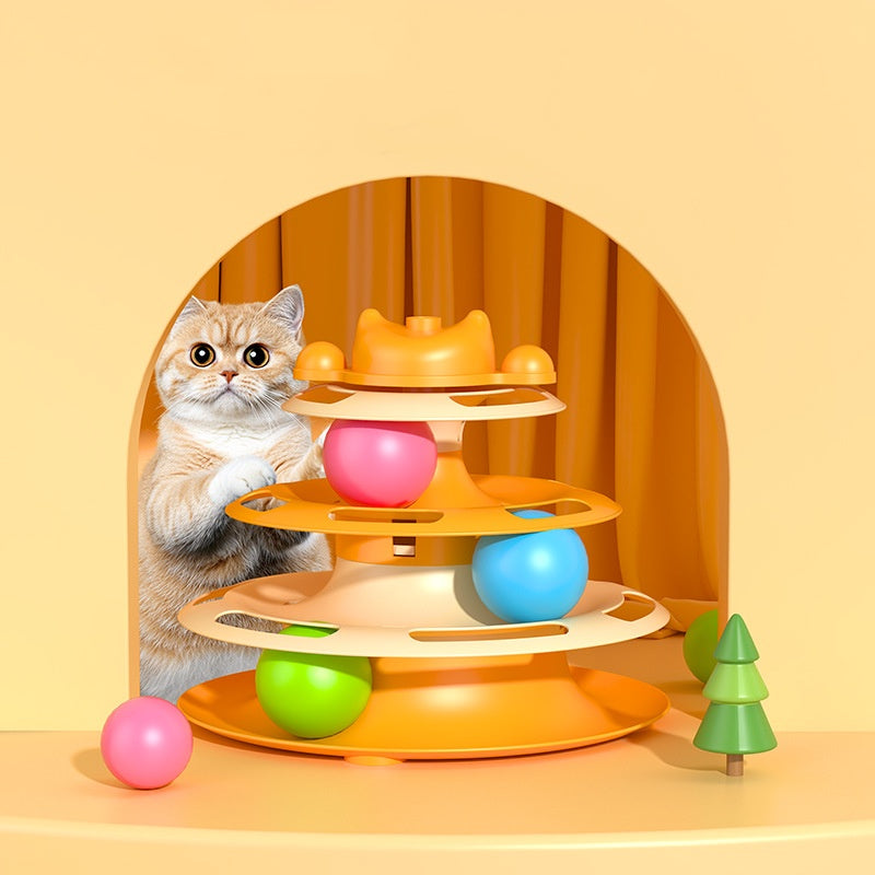 Tour de balles pour chat à 4 niveaux avec billes roses, bleues et vertes