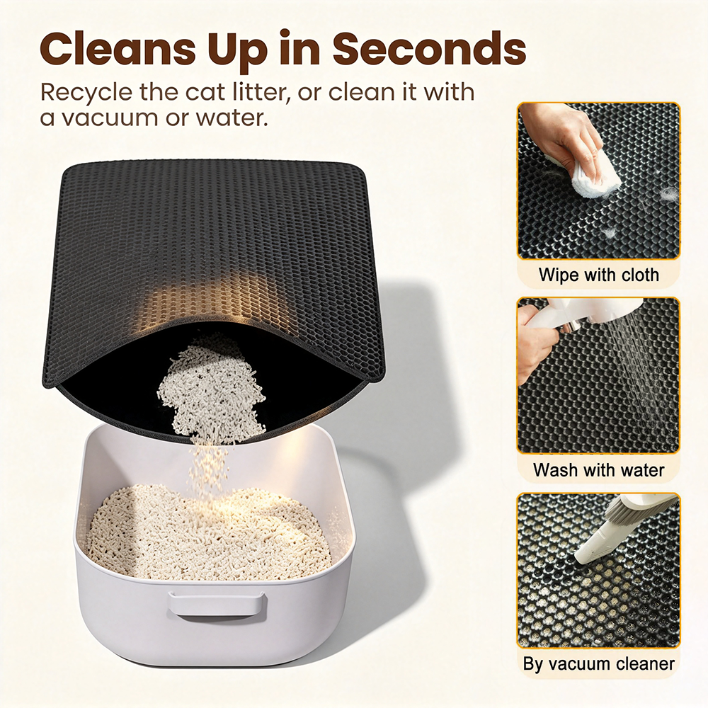 Tapis de litière pour chat foncé à texture alvéolée, double couche amovible, antidérapant