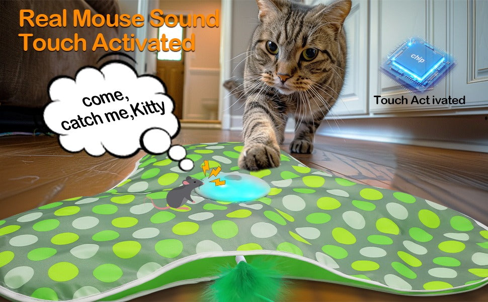 Tapis interactif pour chat vert à pois, souris lumineuse et plume activées au toucher