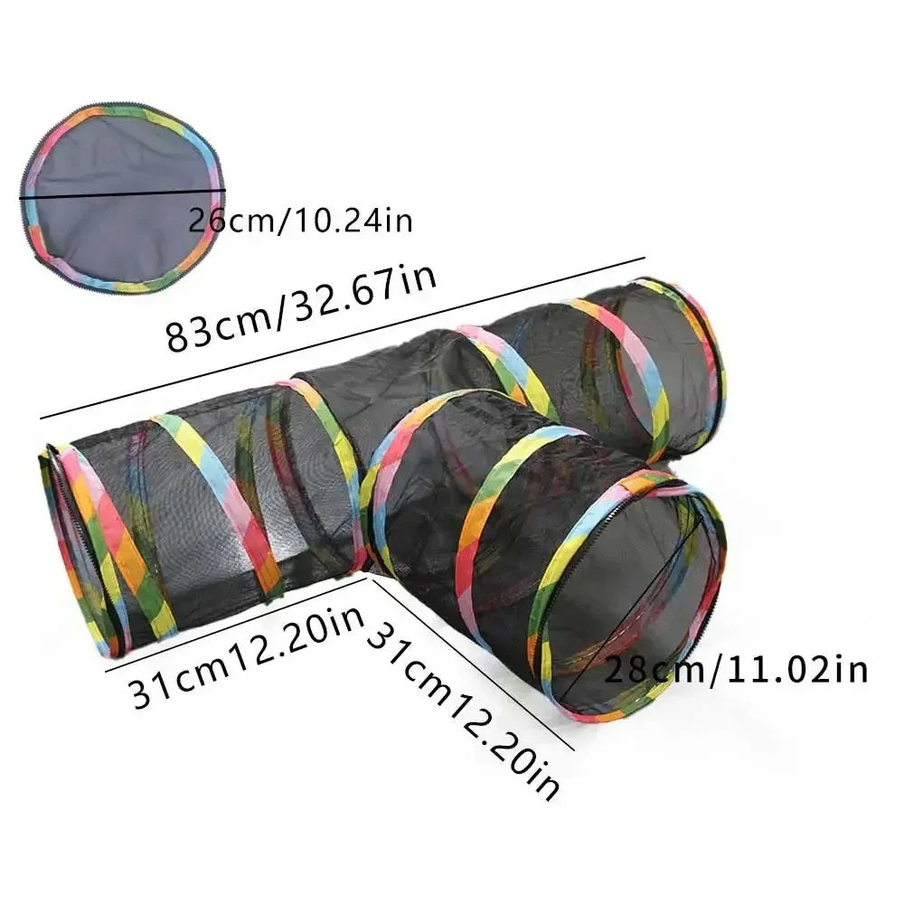 Tunnel pour chat pliable noir, tissu maillé, entrées ovales, bandes multicolores sur toute la longueur