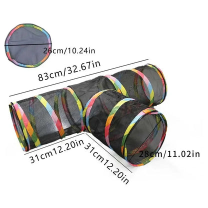 Tunnel pour chat pliable noir, tissu maillé, entrées ovales, bandes multicolores sur toute la longueur