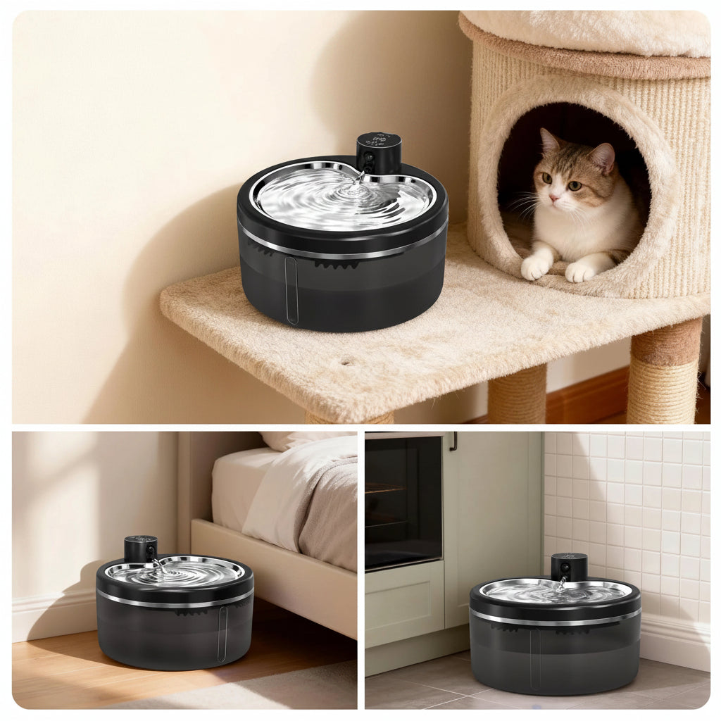 Fontaine à eau chat sans fil noire placée dans différents espaces de la maison : arbre à chat, chambre et salle de bain