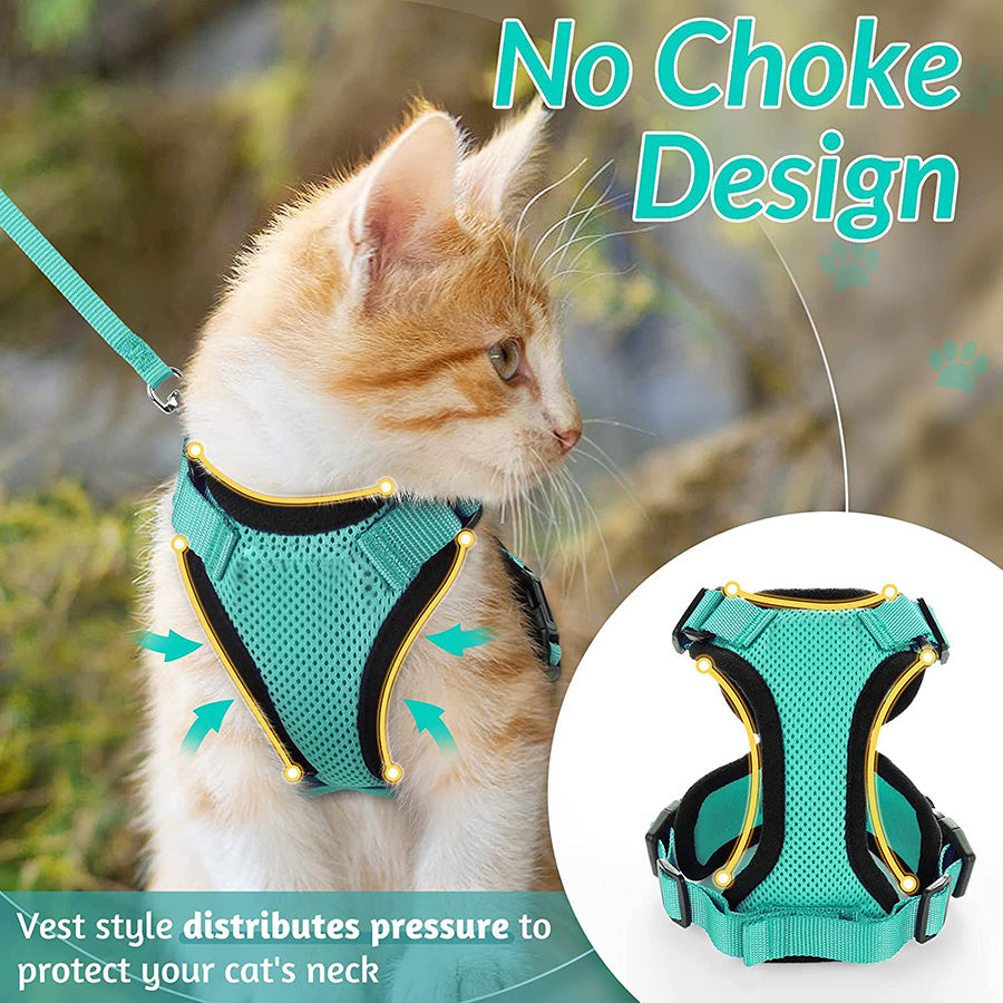 Harnais pour chat en gilet turquoise et noir, maille respirante et sangles de fixation