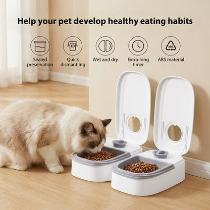 Distributeur pour chat double bols blanc, molettes de réglage sur la base