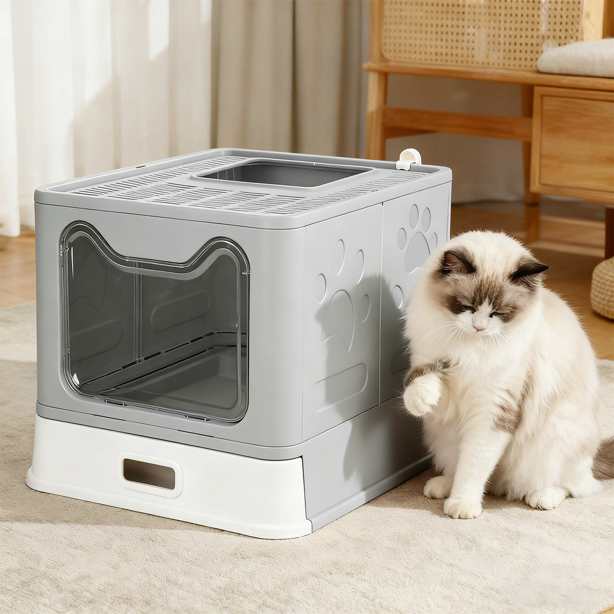 Bac à litière pour chat gris extra-large avec fenêtre et tiroir