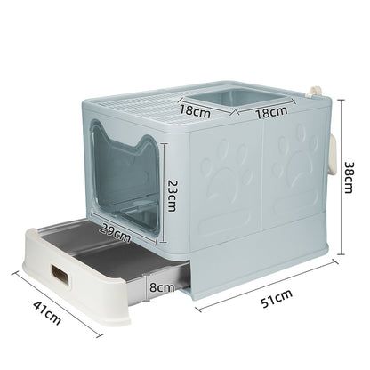 Bac à litière extra-large bleu clair avec fenêtre et tiroir extensible (dimensions)