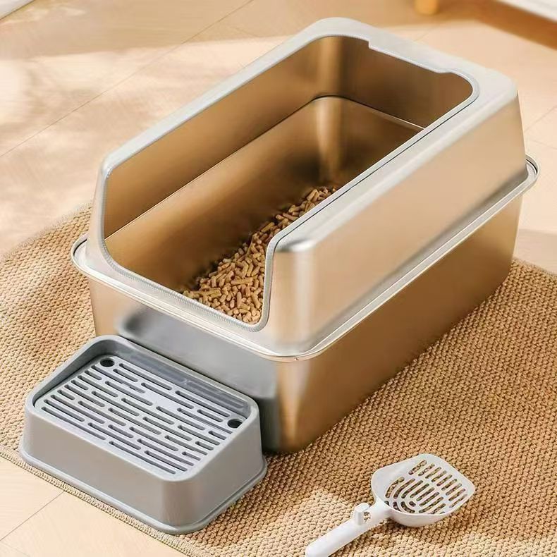 Bac à litière inox à entrée supérieure, parois hautes, pelle et filtre sur tapis