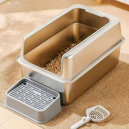 Bac à litière inox à entrée supérieure, parois hautes, pelle et filtre sur tapis