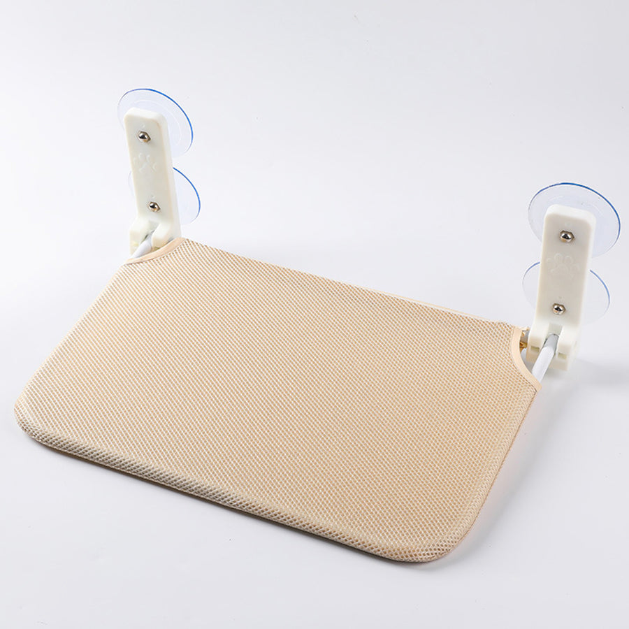 Hamac pour chat fenêtre beige en maille, prêt à être accroché