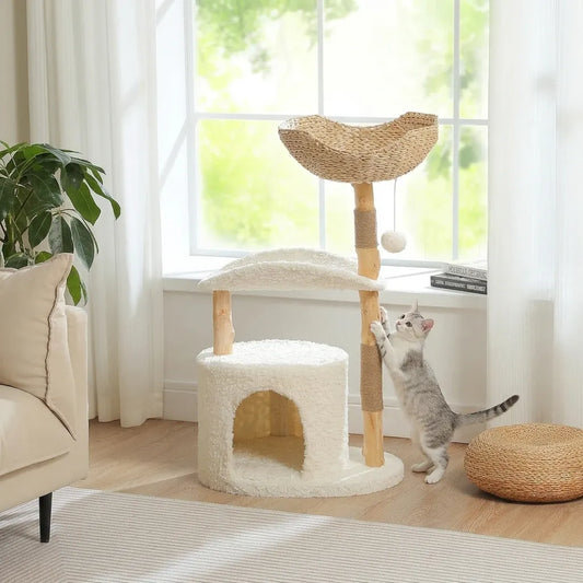 Arbre à chat avec panier en osier, hamac et niche douillette, poteaux en bois naturel