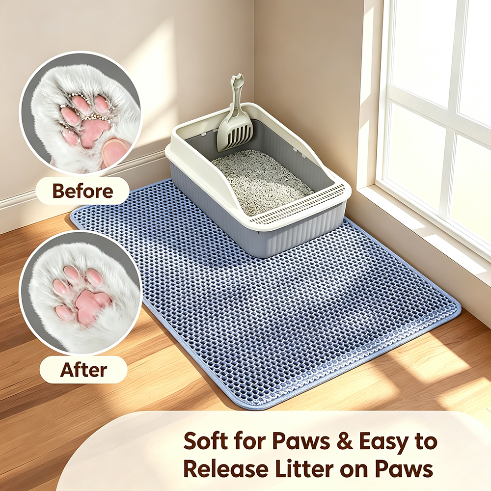 Tapis de litière pour chat bleu, texture alvéolée, double couche amovible et antidérapante
