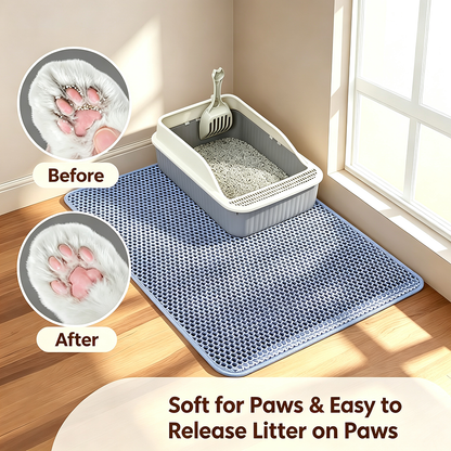 Tapis de litière pour chat bleu, texture alvéolée, double couche amovible et antidérapante