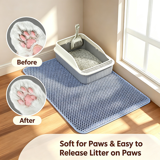 Tapis de litière pour chat bleu, texture alvéolée, double couche amovible et antidérapante