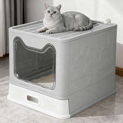 Bac à litière pour chat gris extra-large avec fenêtre transparente et tiroir