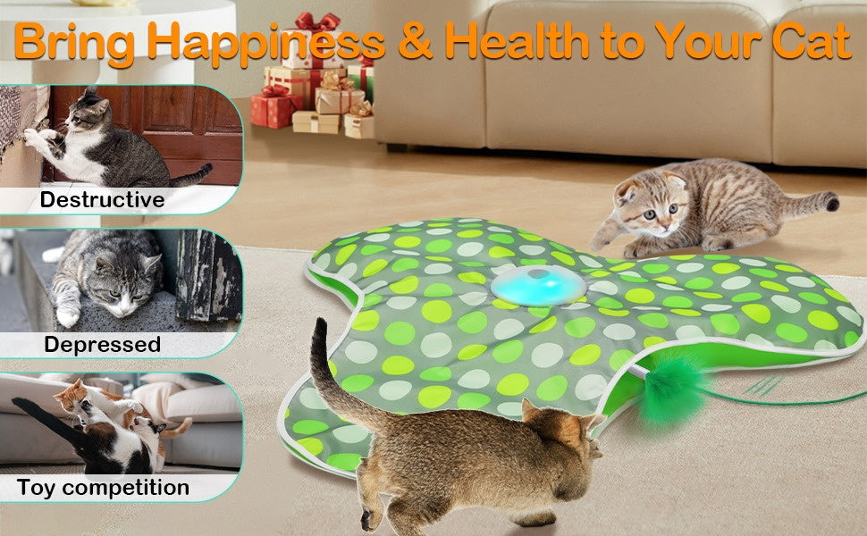 Tapis interactif pour chat vert à pois, lumière bleue et plume qui s’élève