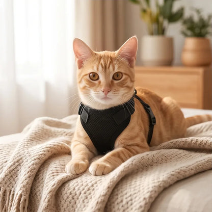 Chat roux portant un harnais gilet noir, couché sur un plaid

