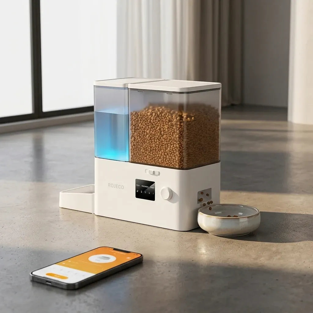 Mangeoire automatique blanche avec réservoir à croquettes transparent, écran et molette